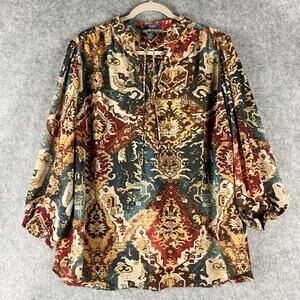 Chaps Top Womens 2X Medallion Blouse 3/4 Sleeve Artsy Ethnic Southwestern Aztec